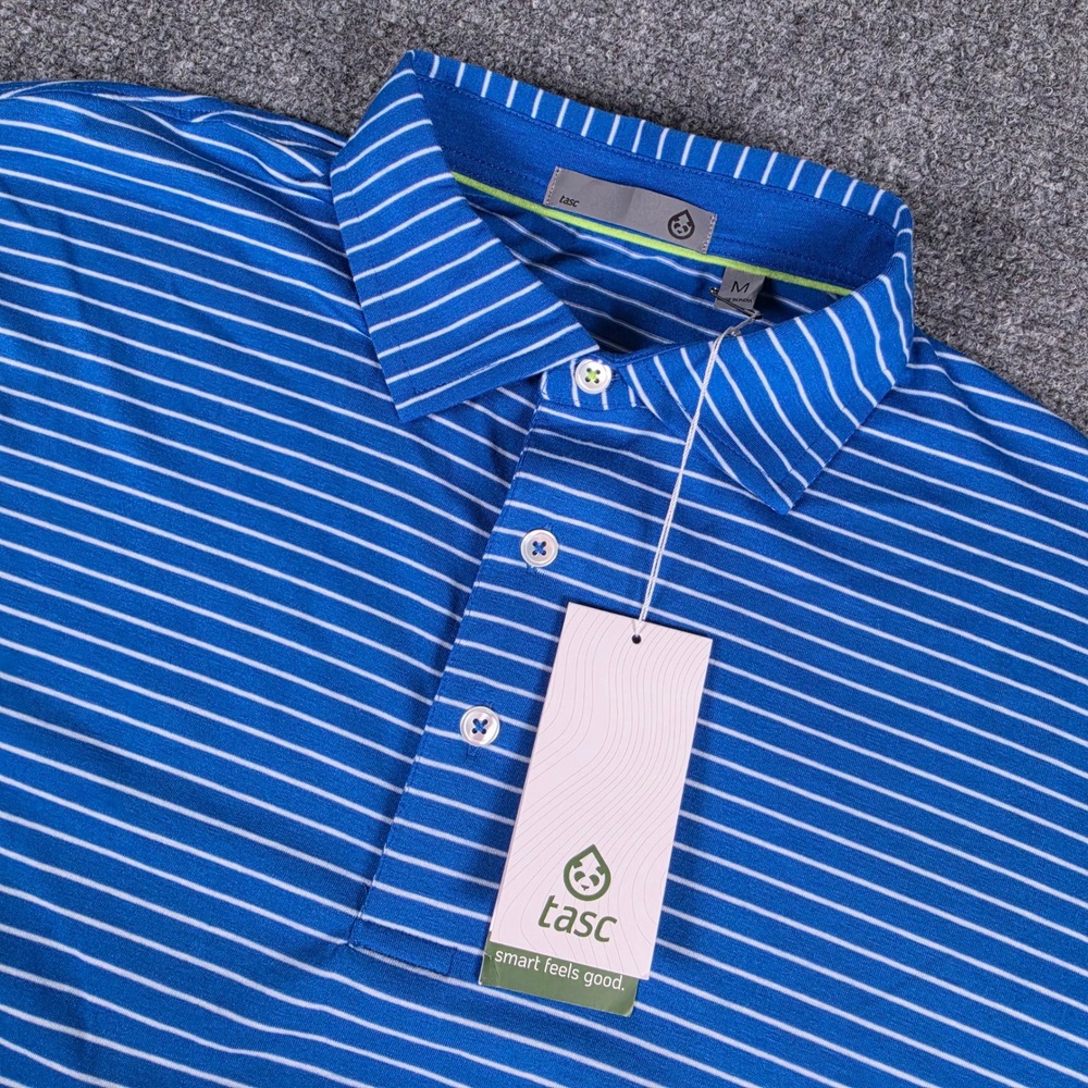 Tasc Performance Cloud Polo Mens M Blue White Brookline Stripe TM546Y-475 NWT